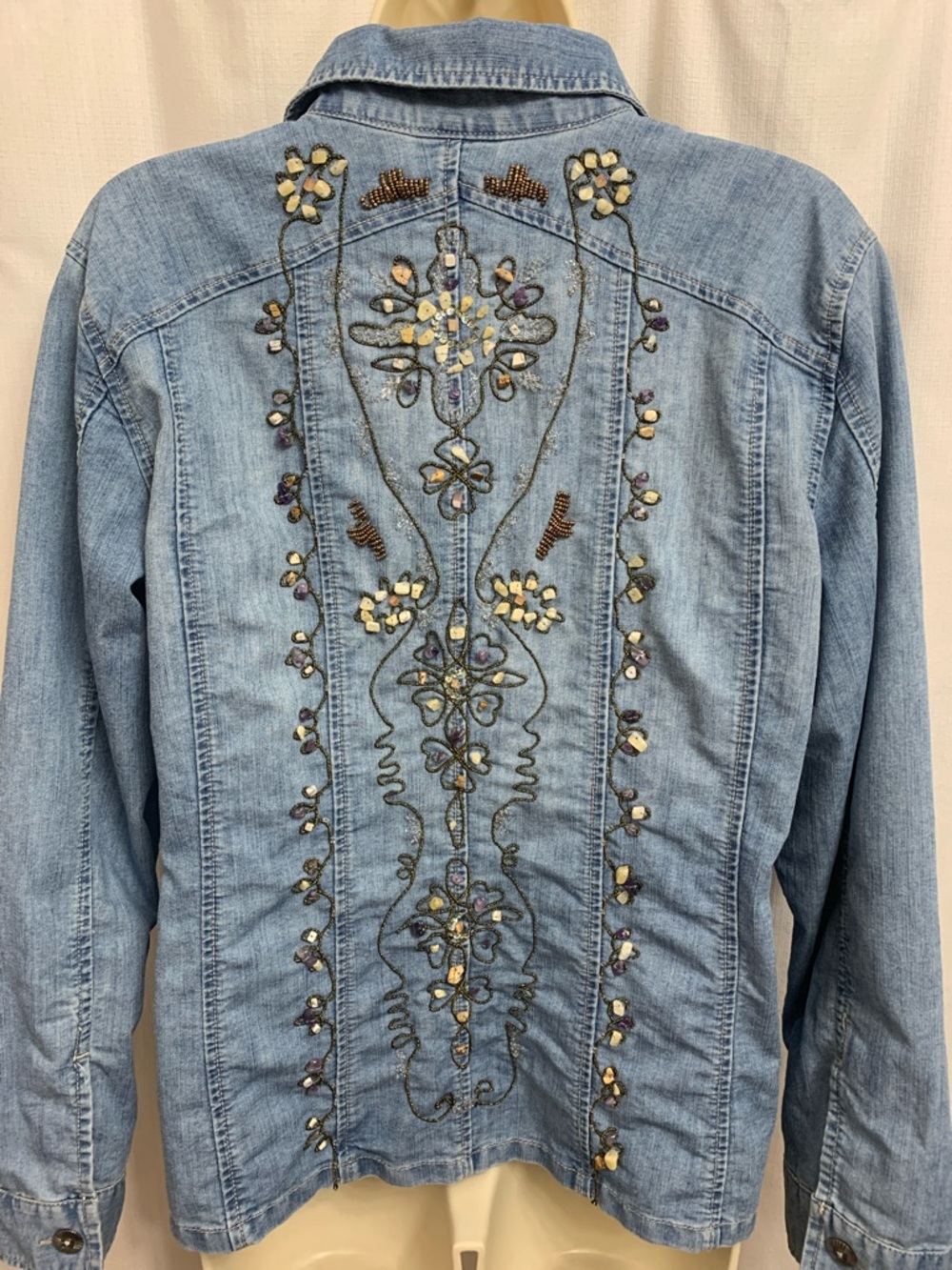 Chico's Gem Beaded Embroidery Light Blue Denim  Button-Down Shirt Jacket